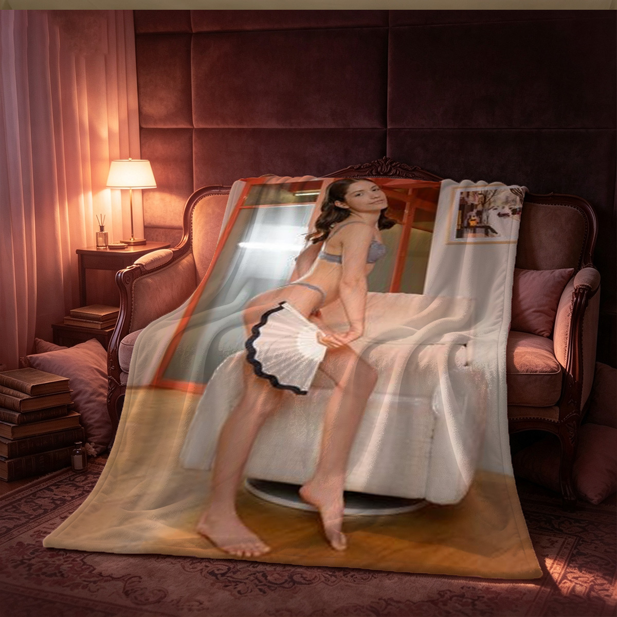 Emma Watson nude on red leather couch - Blanket