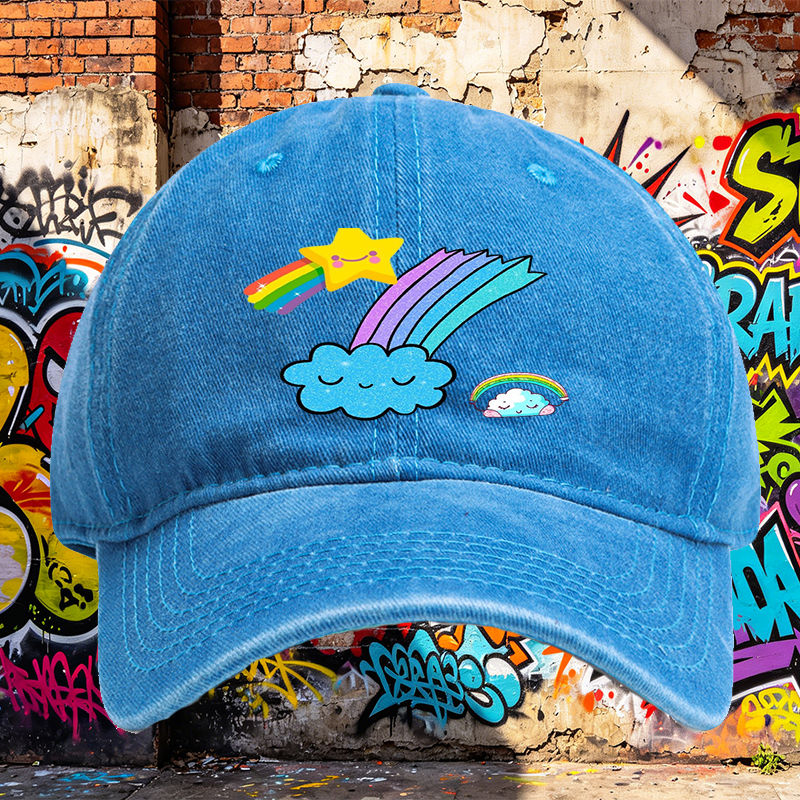 Unisex Classic Washed Cap with Rainbow Star Cloud Print | Casual Outdoor Hat for Youth and Adults | Perfect for Daily Wear, Travel, and Fun Activities