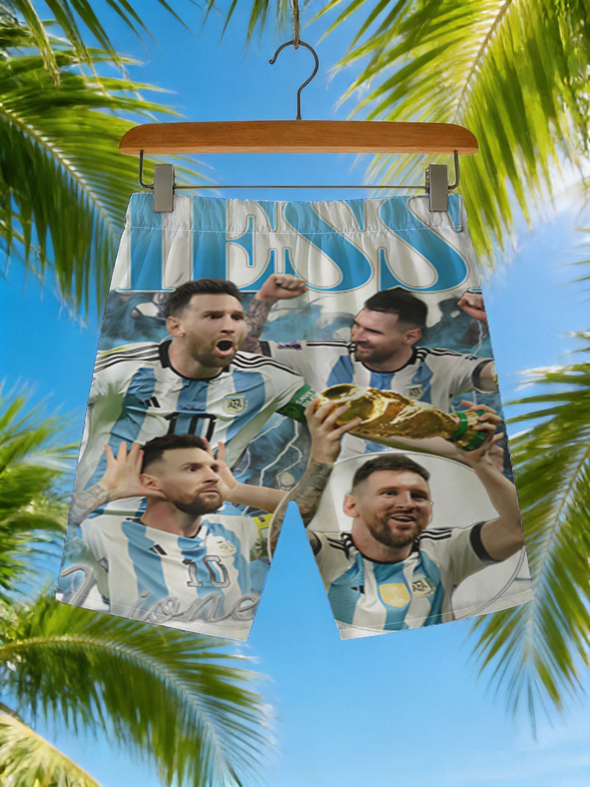 Lionel Messi Celebrates Argentina's Victory with the World Cup Trophy -  Beach shorts