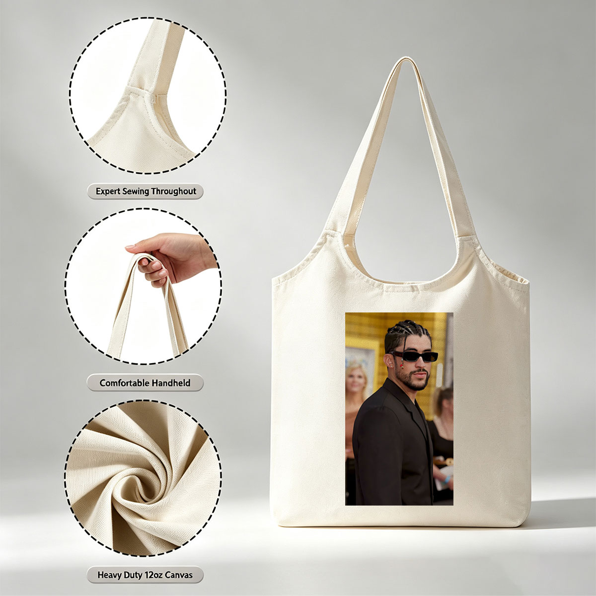 Bad Bunny at the Red Carpet Event Wearing a Black Suit and Sunglasses - Canvas shoulder bags/