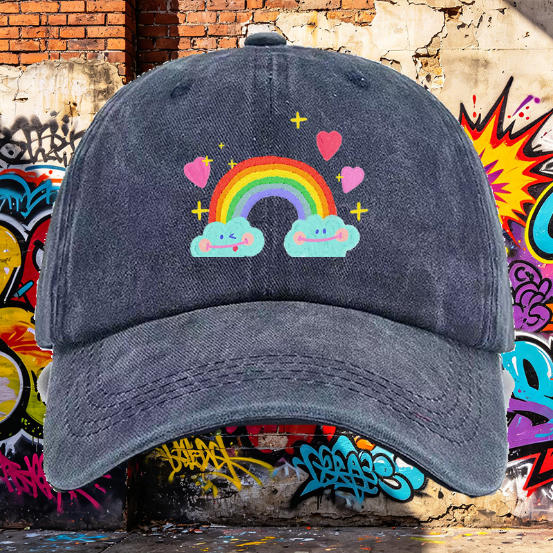 Men's Printed Washed Cap with Rainbow Clouds and Hearts Design - Casual Round Brim Summer Lightweight Hat for Outdoor Activities, Travel, and Daily Wear - Ideal for Young Adults and Trendy Urban Style Lovers