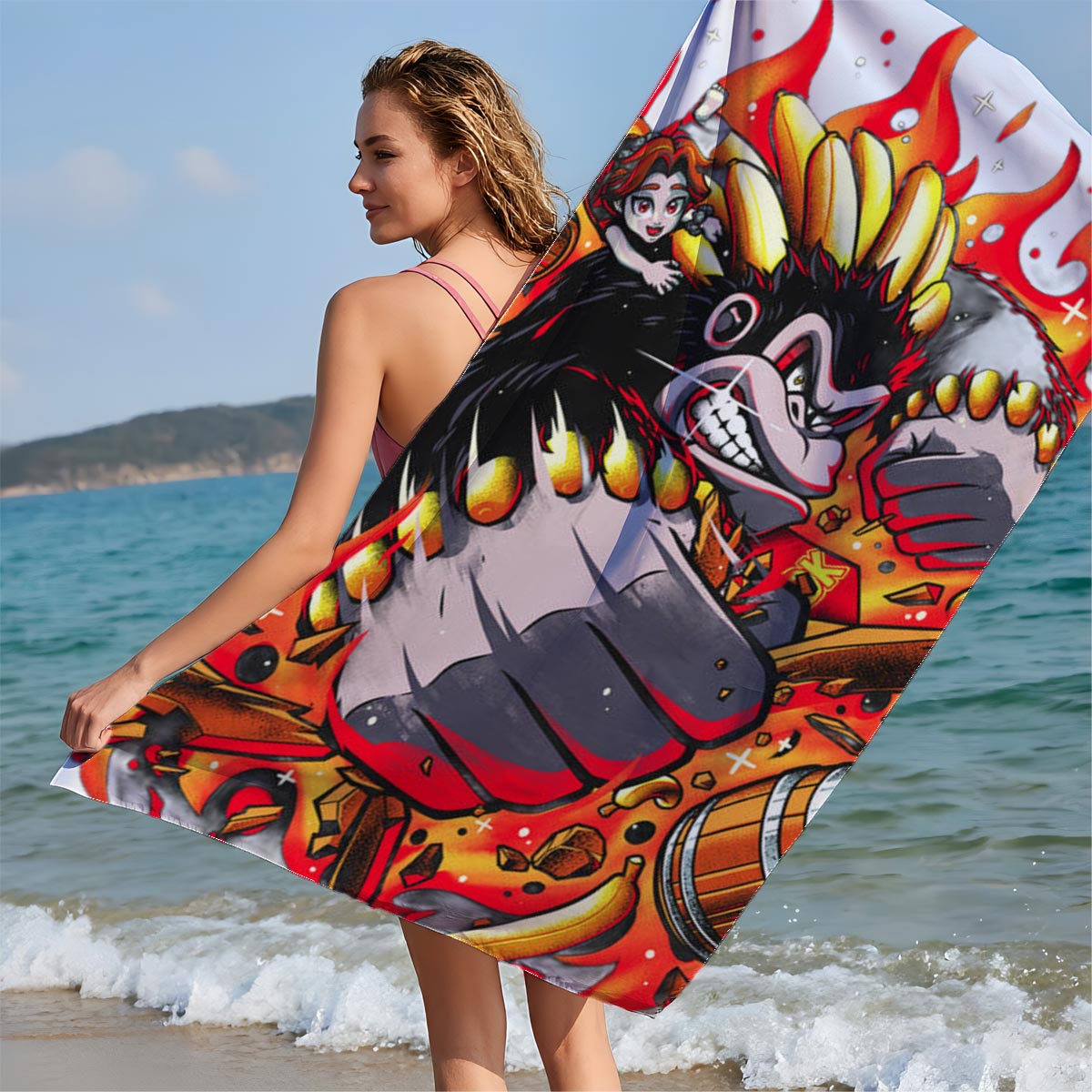 Donkey Kong and Diddy Kong in Fiery Action with Bananas and Barrels - Beach towels