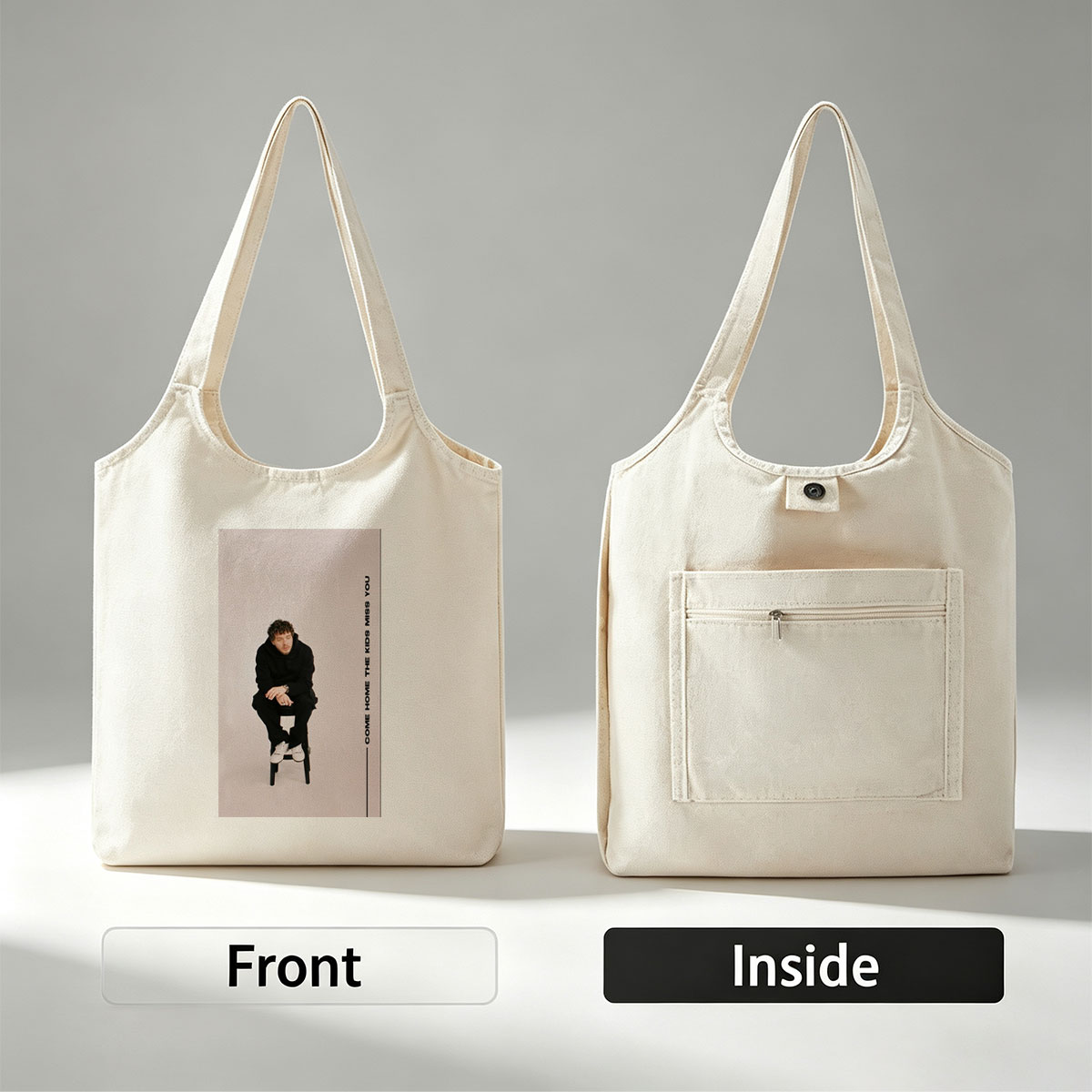 The Kids Come Home Miss You Album Cover Featuring Artist in Black Outfit Sitting on Stool - Canvas shoulder bags/