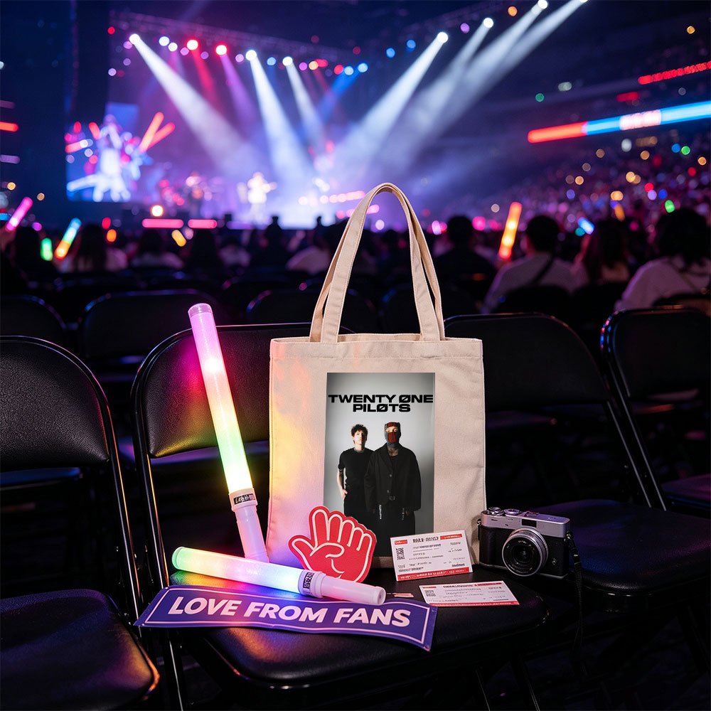 Twenty One Pilots Standing in Black Outfits with One Member Wearing a Mask and the Band Name Displayed Above Them - Canvas tote bags