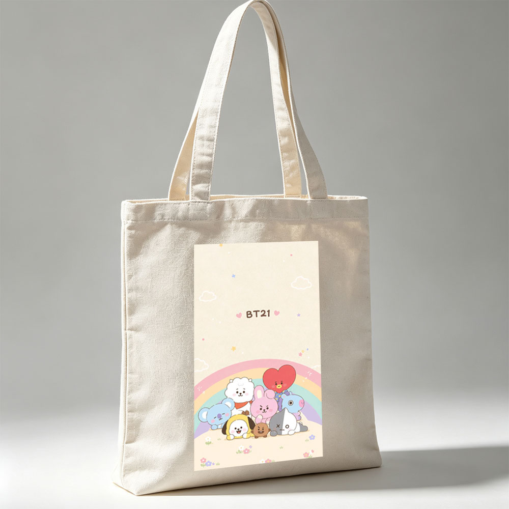 BT21 Characters Gathering Under a Rainbow in a Cute Pastel Scene - Canvas tote bags
