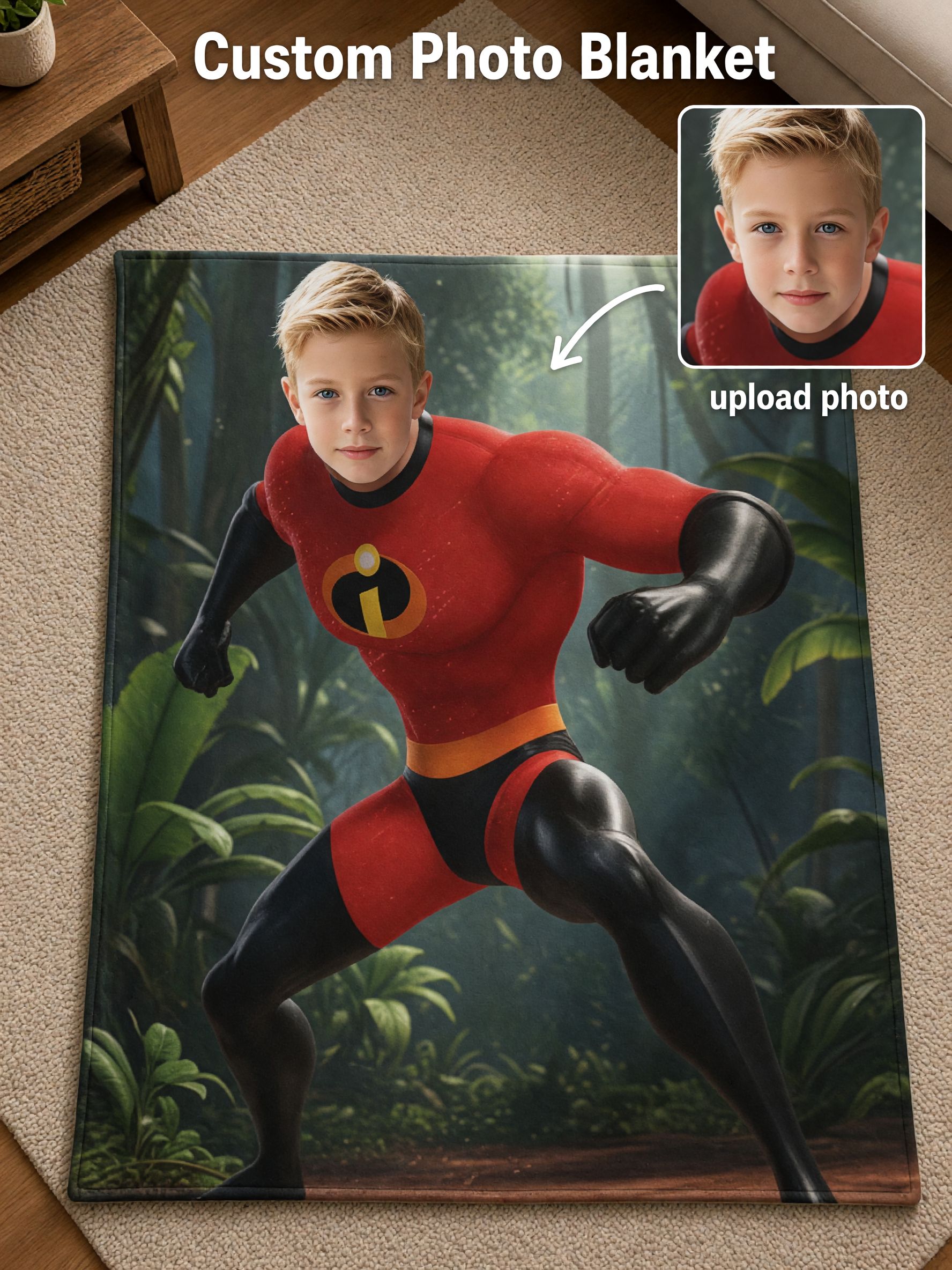 Custom Face Superhero Flannel Blanket, Personalized Photo Plush Throw for Couch and Bed, Cozy Skin-Friendly Gift