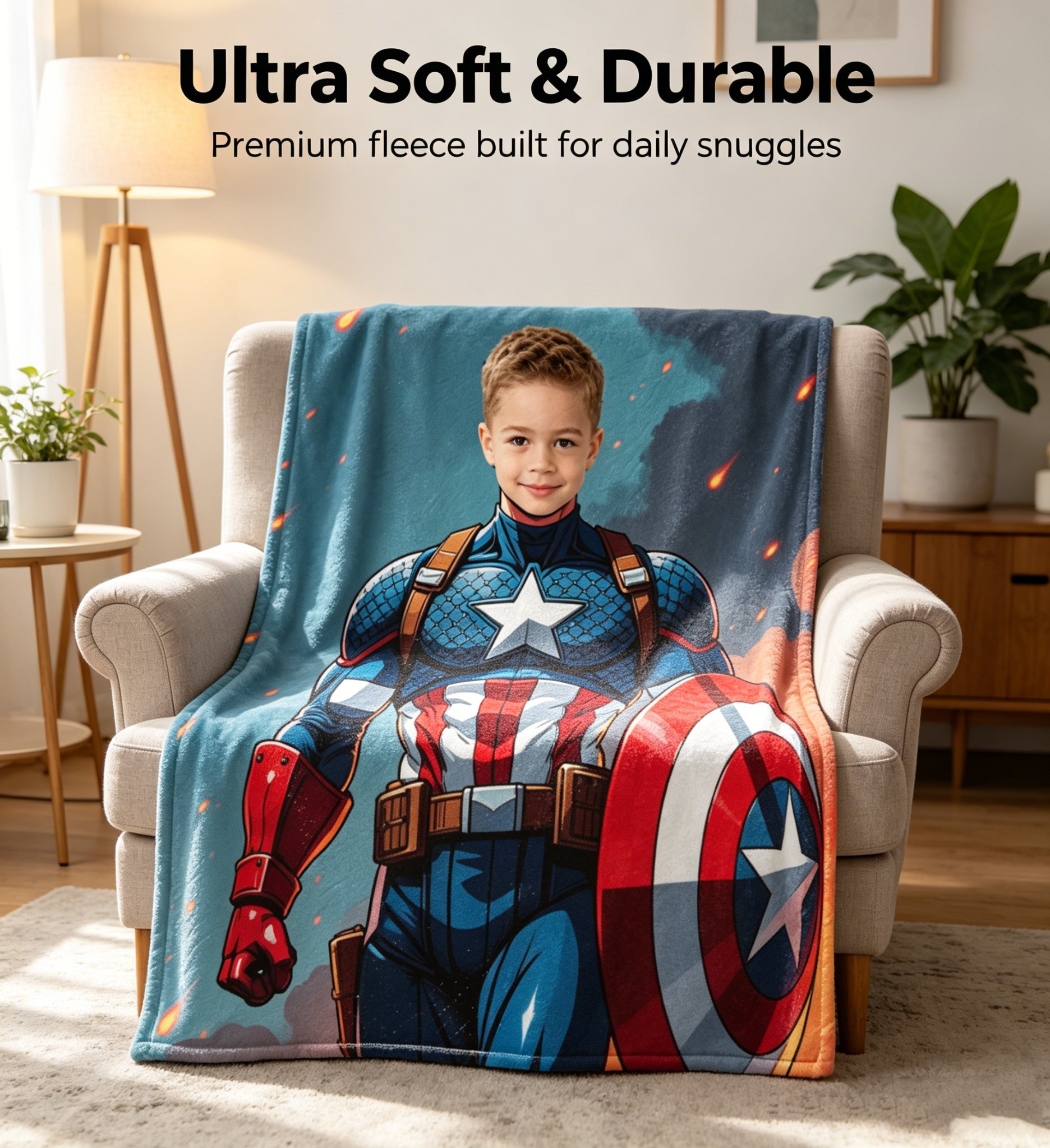 Personalized Marvel Captain America Fleece Blanket, Custom Upload Children Picture Battlefield Throw Blanket Bed Sofa Gift