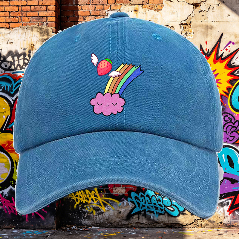 Men's Printed Washed Cap with Strawberry Wings and Rainbow Cloud Design - Casual Round Brim Summer Lightweight Hat for Outdoor Activities, Beach, Travel - Perfect for Young Adults and Trendy Streetwear Lovers