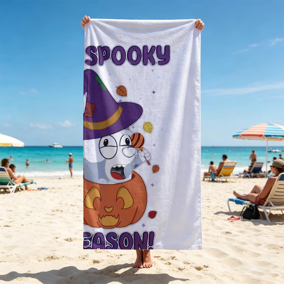 It's Spooky Season! Cartoon Dog in Witch Hat and Pumpkin - Beach towels