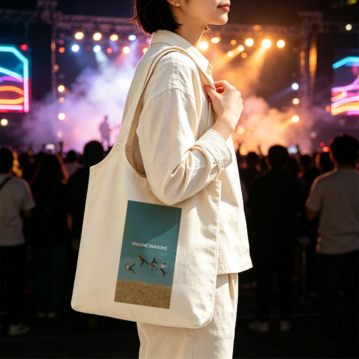 Imagine Dragons Band Members Jumping in a Field Under Blue Sky - Canvas shoulder bags/