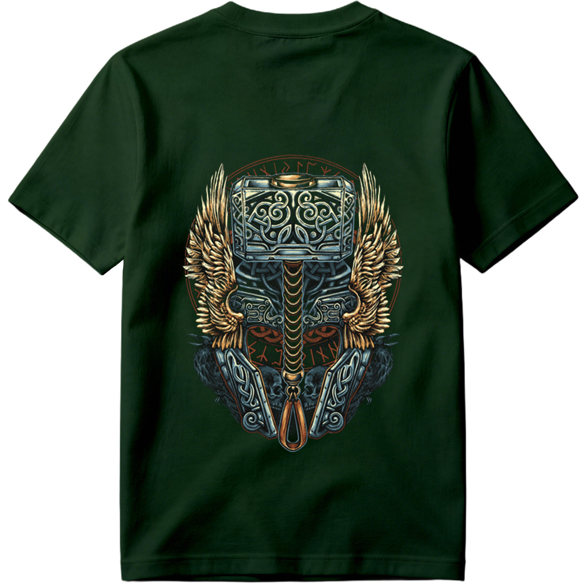 Thor's Hammer Mjolnir with Norse Symbols and Wings - Tee