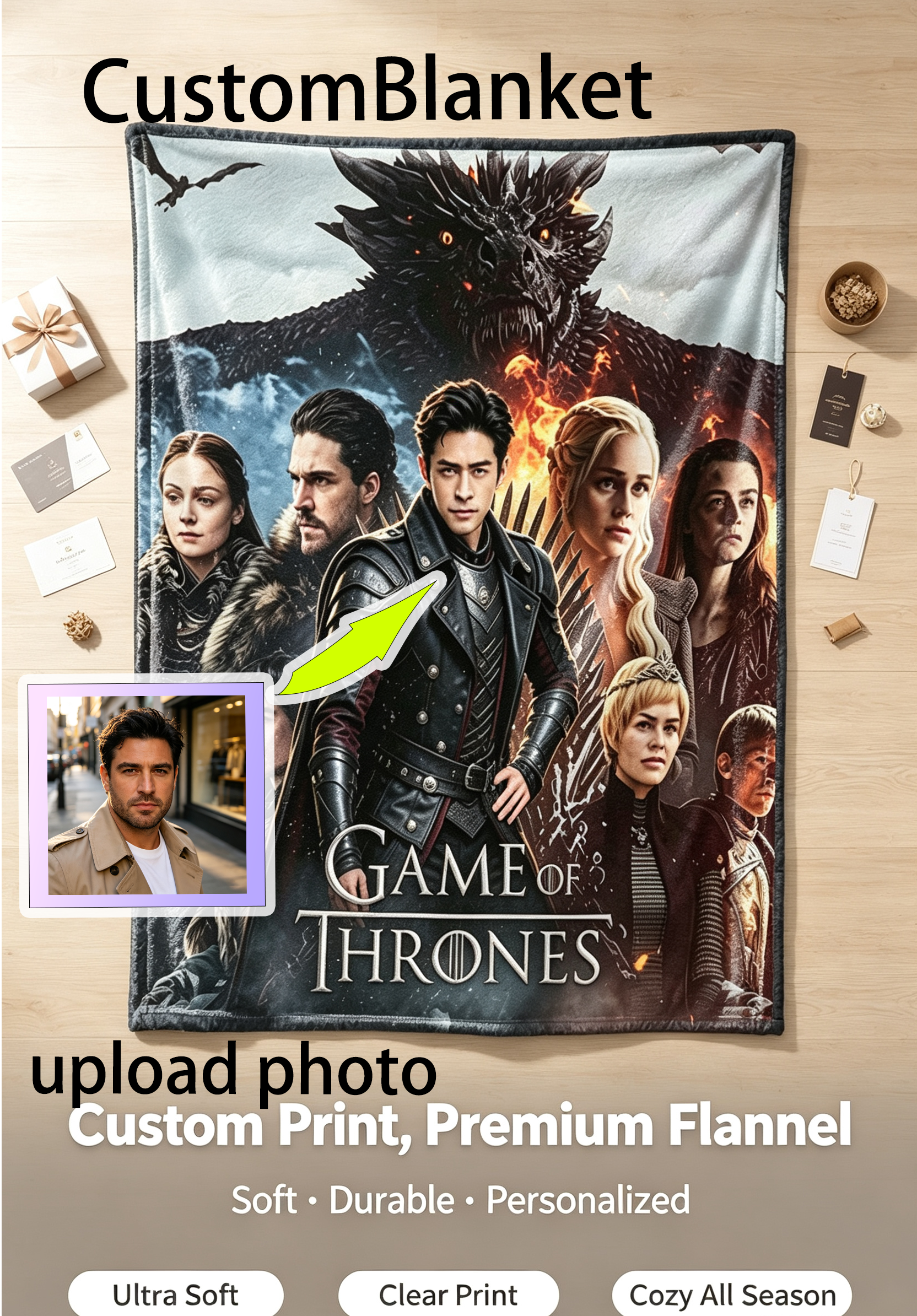 Custom Face Blanket Game of Thrones Flannel Blanket for Couch or Bedding Gift or Giveaway