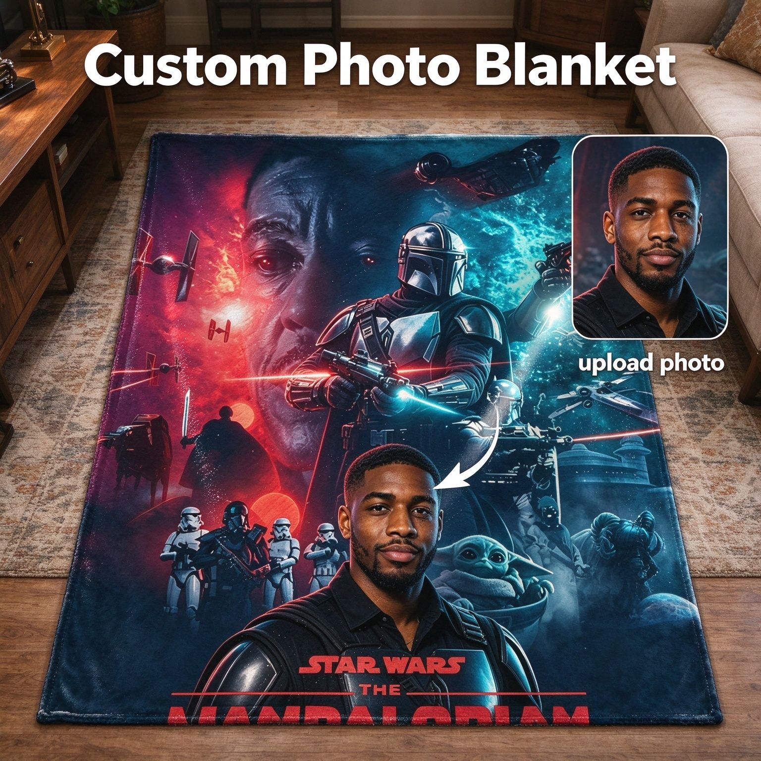 Custom Photo Face Flannel Blanket Personalized Sci-Fi Galaxy Hero Throw Velvety Soft Anti-Pilling Fleece Wrap Ideal