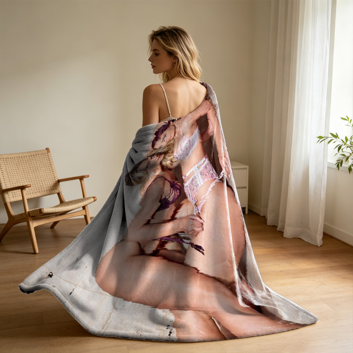 Nude woman sitting on kitchen counter - Blanket