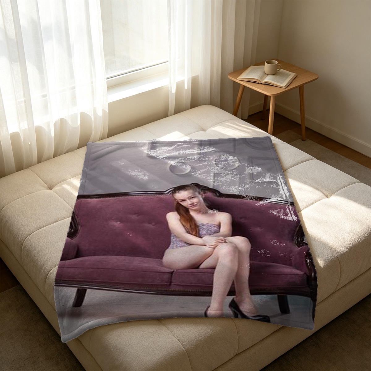 Maid in White Lingerie on Kitchen Counter - Blanket