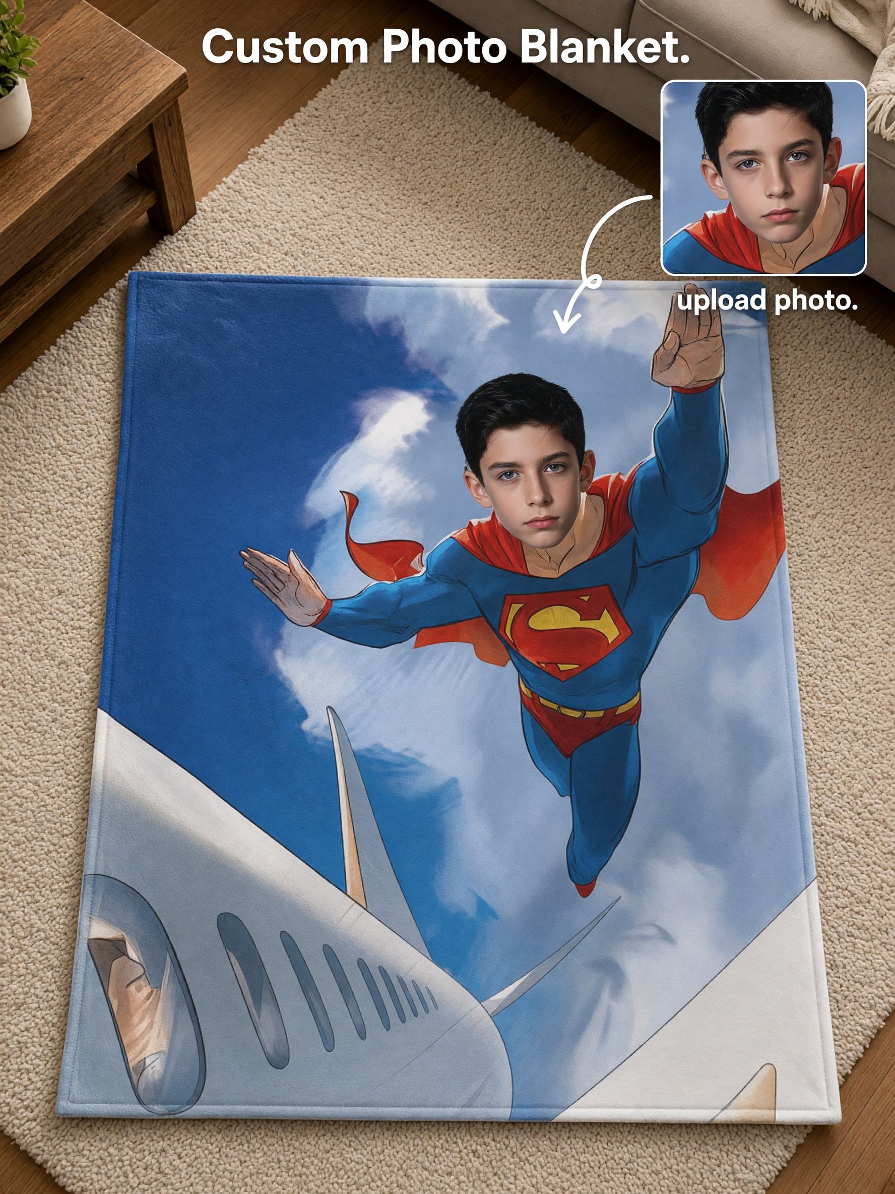 Personalized Superhero Photo Blanket, Custom Face Plush Flannel Throw for Kids, Ideal Cozy Gift for Bed and Couch
