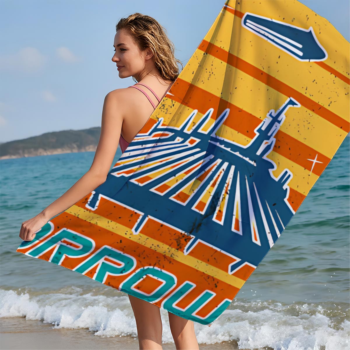 Tomorrowland: Iconic Space Mountain Silhouette with Retro Solar Background - Beach towels