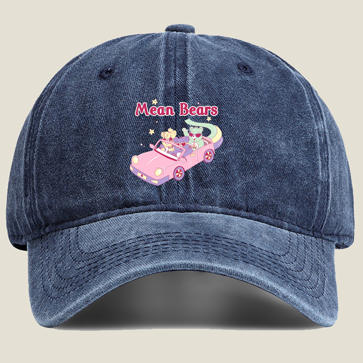 Mean Bears in a Pink Car with Three Cute Characters - Washed Denim - Baseball Cap
