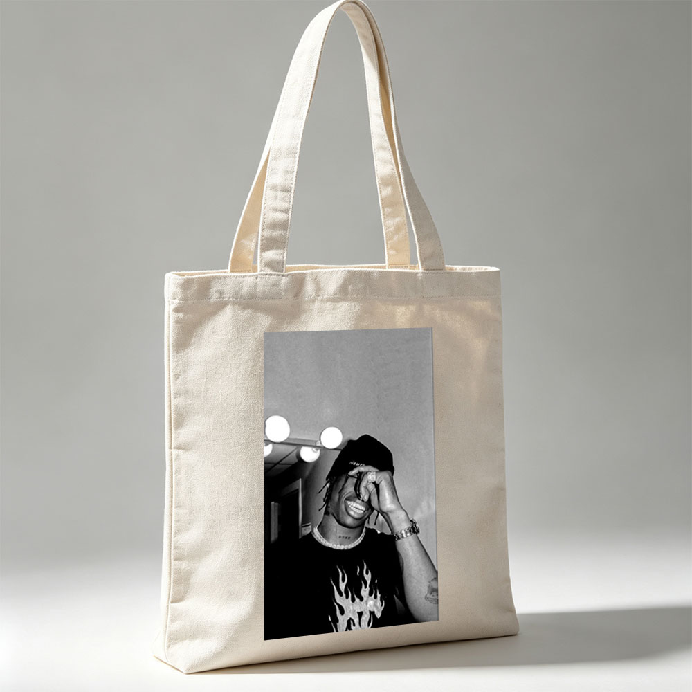 Lil Durk in a Mirror Selfie Wearing a Beanie and Flame Shirt, Smiling with Hand on Face - Canvas tote bags