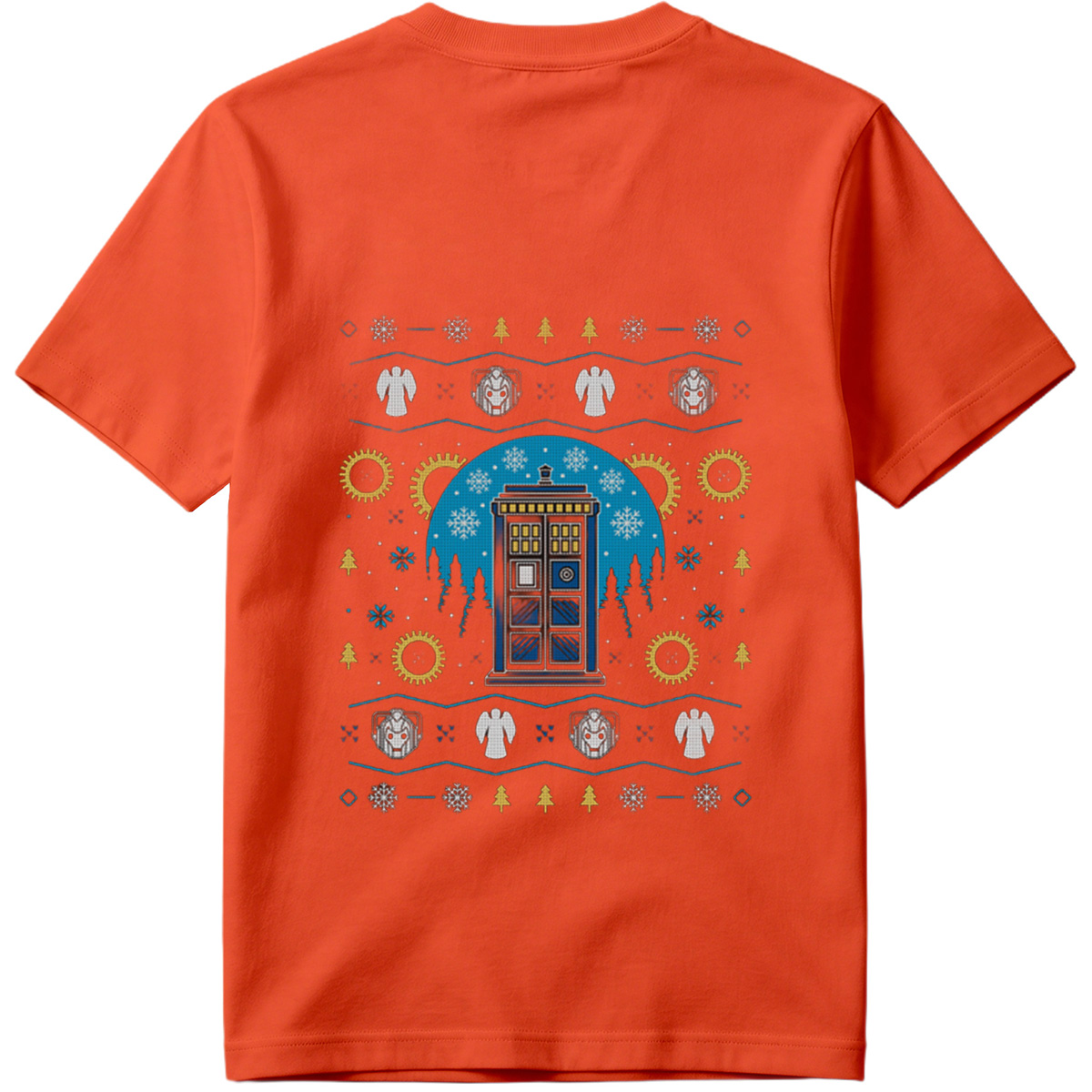 Doctor Who Christmas Sweater Design Featuring TARDIS, Weeping Angels, and Cybermen - Tee