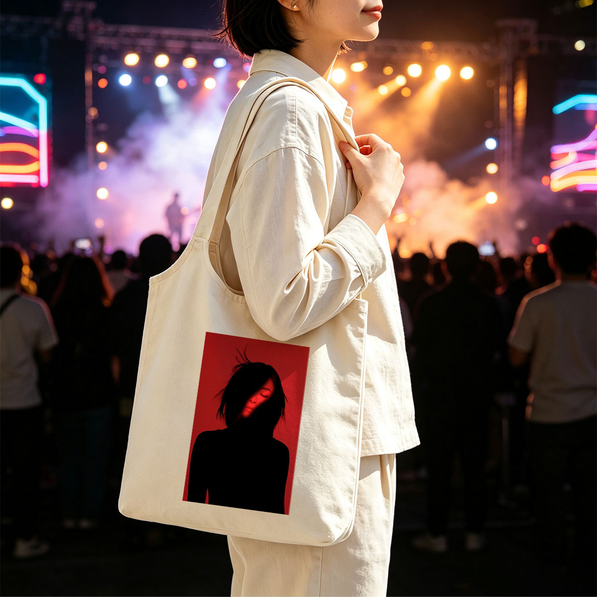 Billie Eilish in a Dramatic Red-Lit Portrait with Silhouetted Features - Canvas shoulder bags/