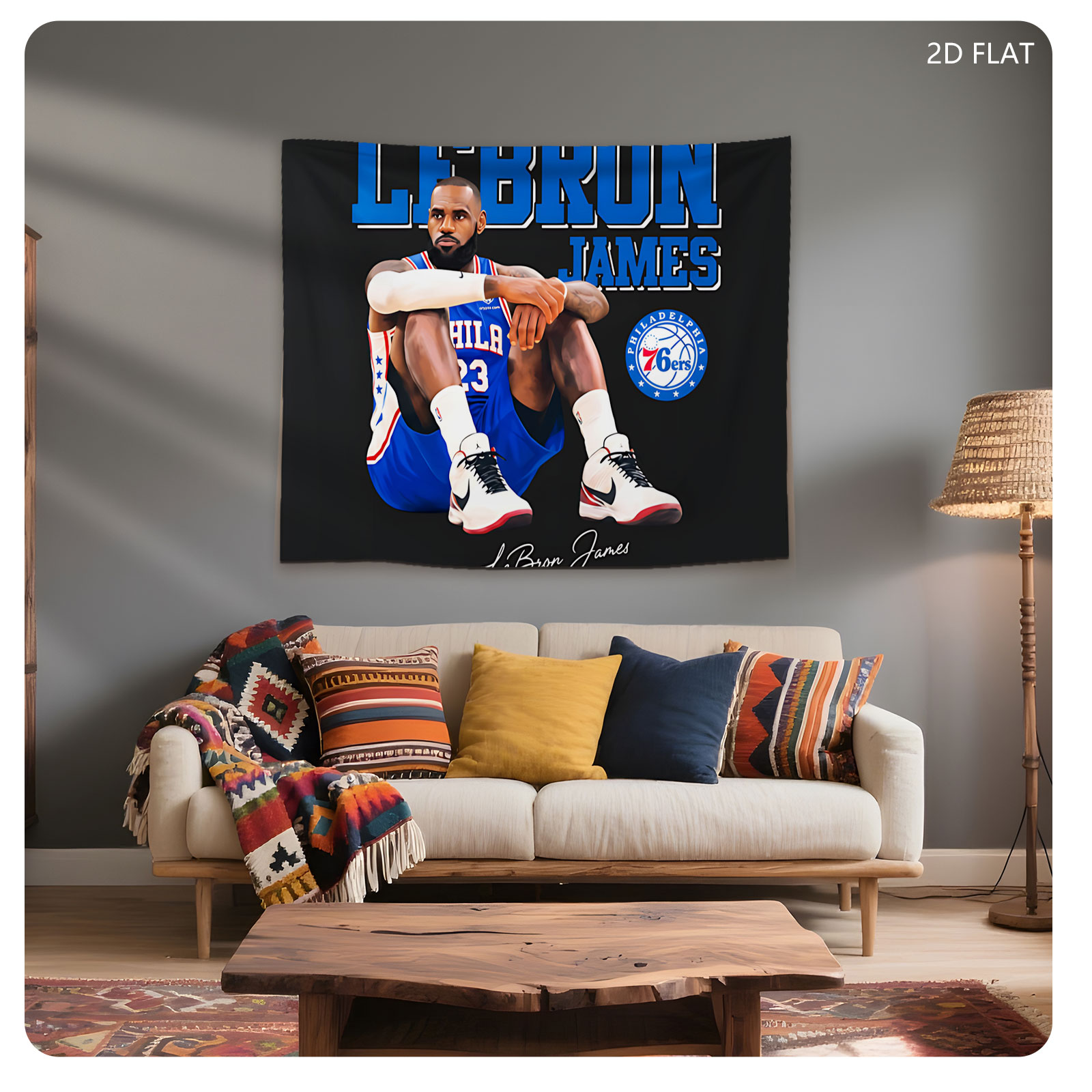 LeBron James in Philadelphia 76ers Jersey, Sitting Pose with Team Logo and Signature - Tapestry