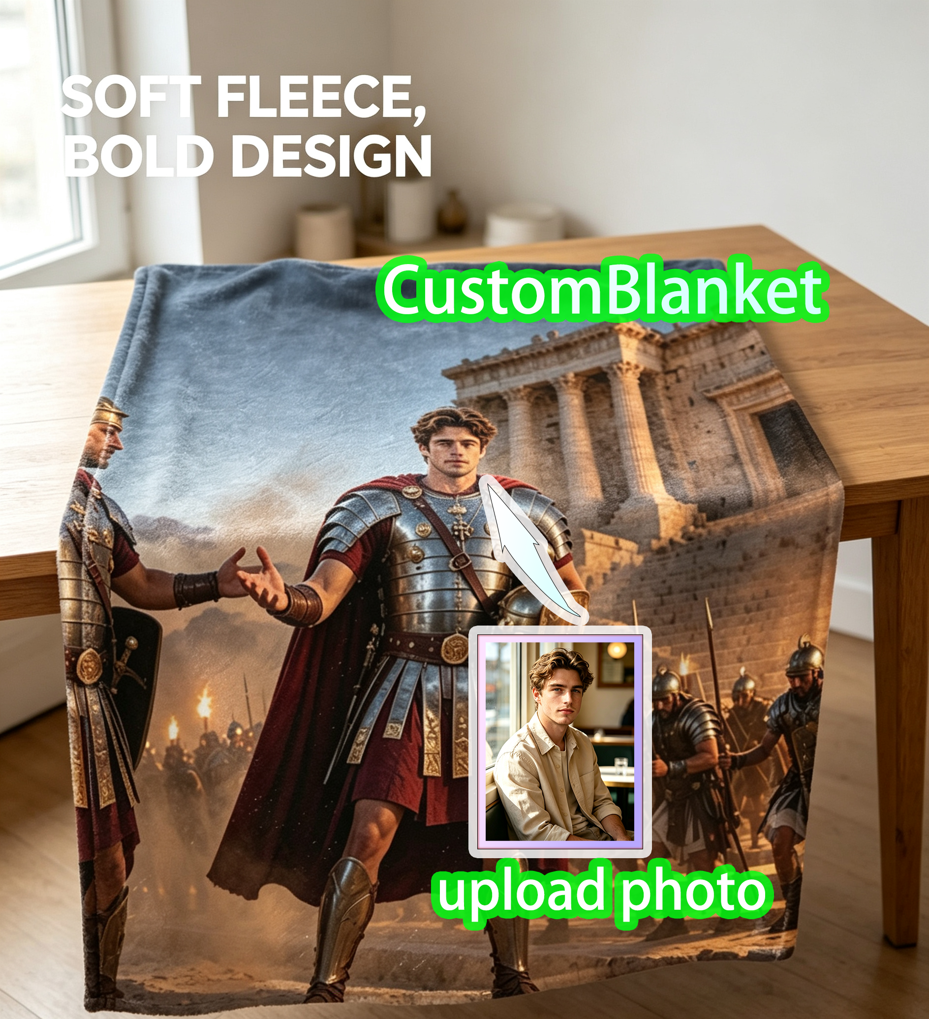 Custom Face Blanket Roman Warrior Emperor Flannel Blanket Ancient Rome Theme Bedroom Decor Gift for History Enthusiasts