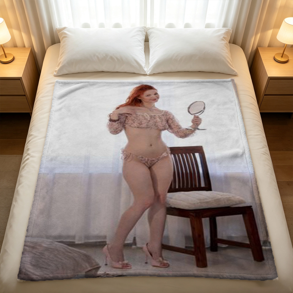 Blonde beauty in green lace lingerie on bed with breakfast tray. - Blanket