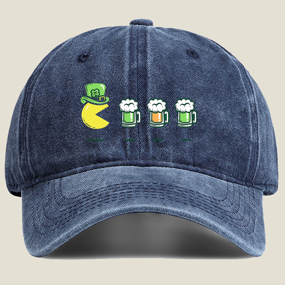 Pac-Man Wears a Leprechaun Hat and Approaches Beer Mugs - Washed Denim - Baseball Cap
