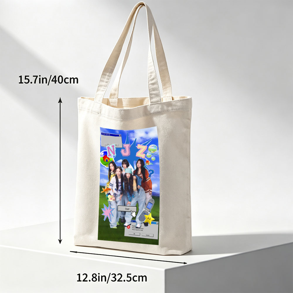 NewJeans Group Photo with Retro Game Interface and Colorful Elements - Canvas tote bags