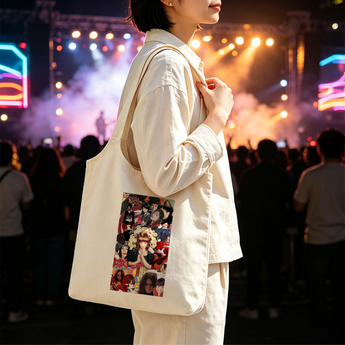 Shena Ringo Collage - A Vibrant Montage of Music, Fashion, and Artistic Expression - Canvas shoulder bags/