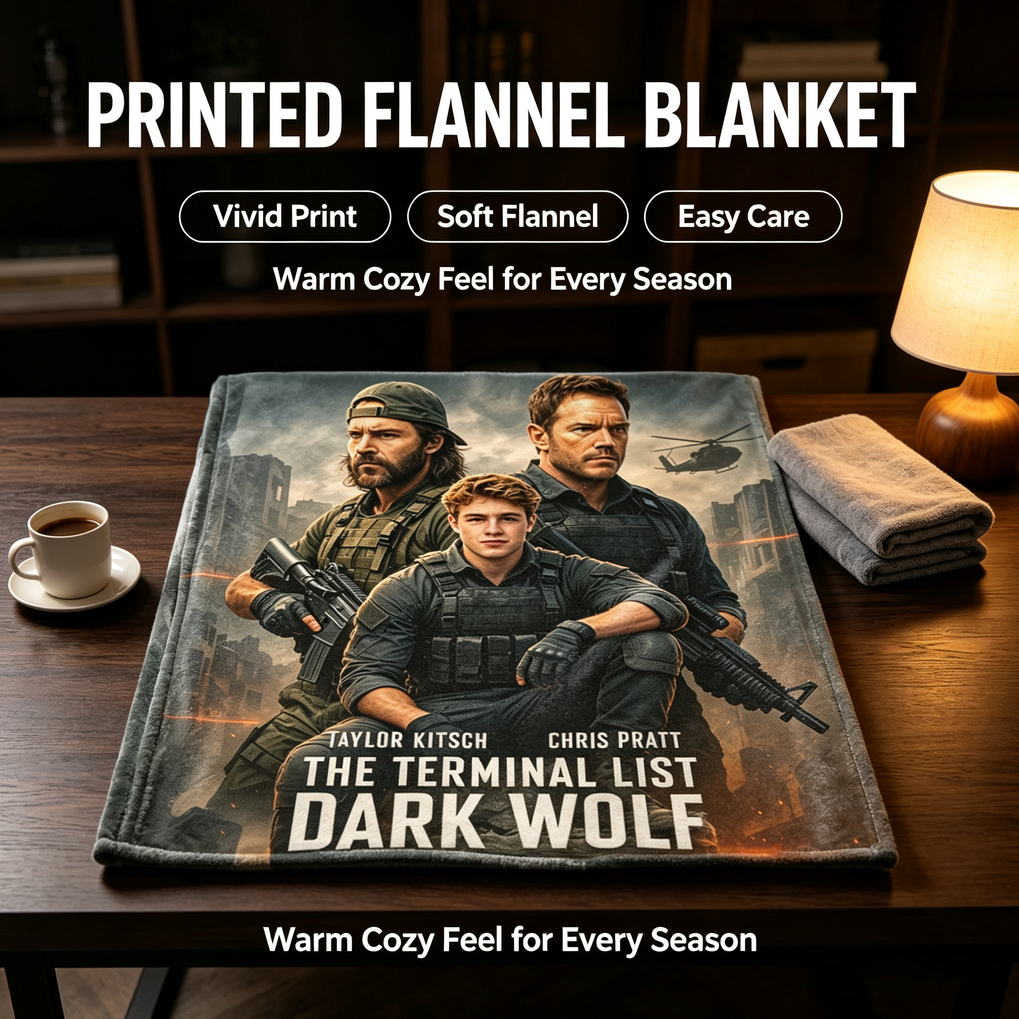 Custom Face Blanket The Terminal List Dark Wolf Flannel Blanket Military Action Movie Theme Cozy Bedding Gift for Fans of Taylor Kitsch Chris Pratt and War Thrillers