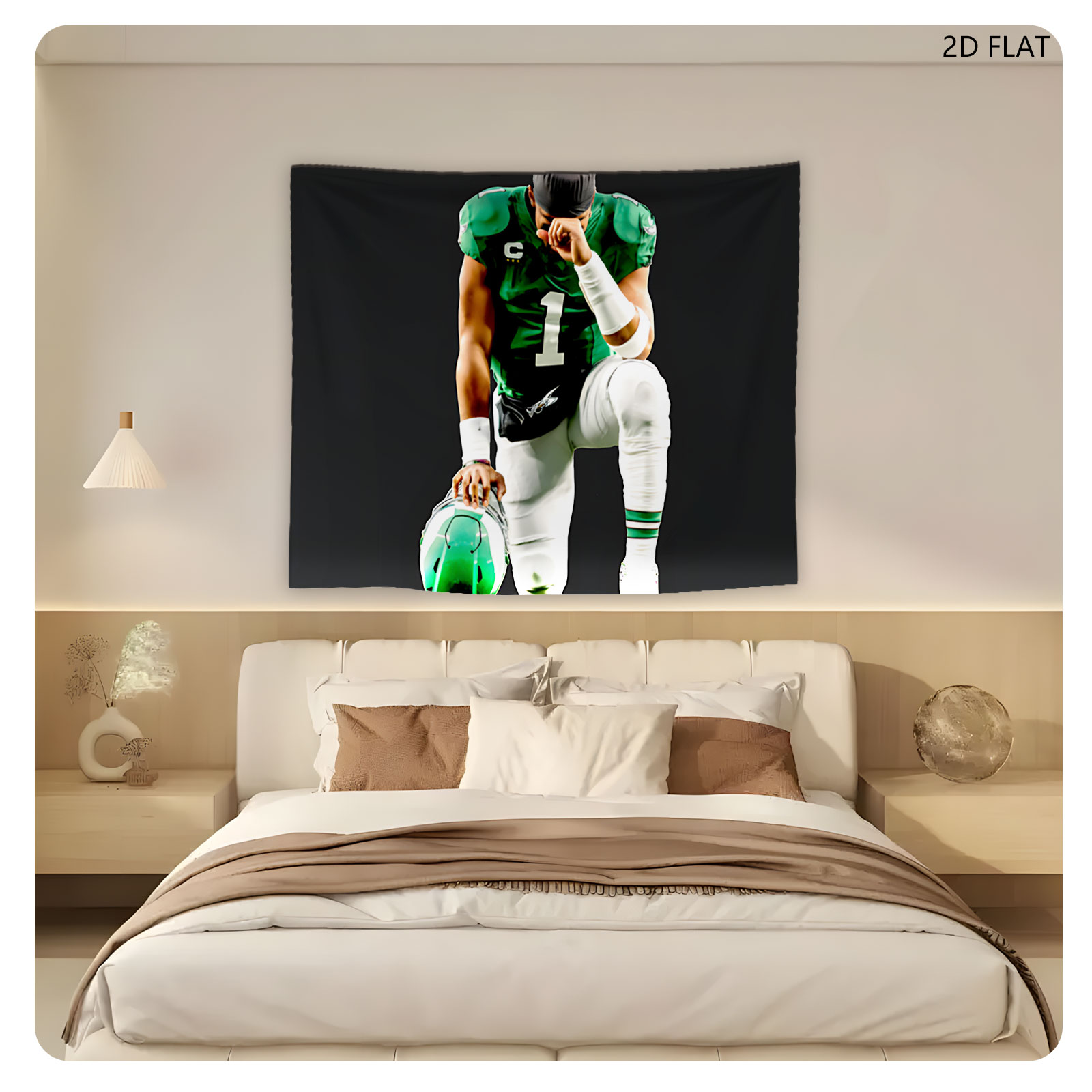 Quarterback in Green Jersey with Number 1, Holding Helmet, Kneeling Pose - Tapestry