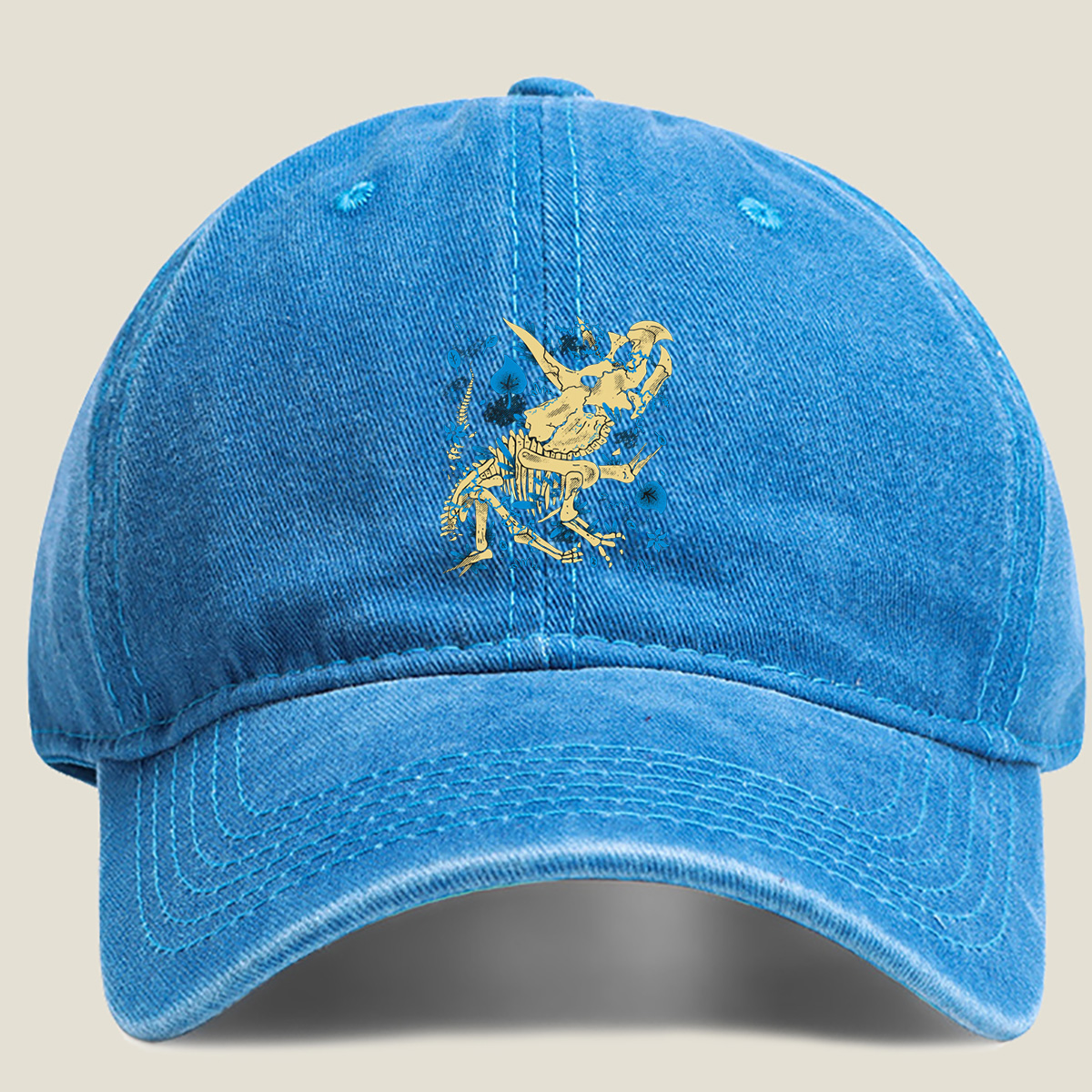 Triceratops Skeleton with Blue Leaves - Washed Denim - Baseball Cap