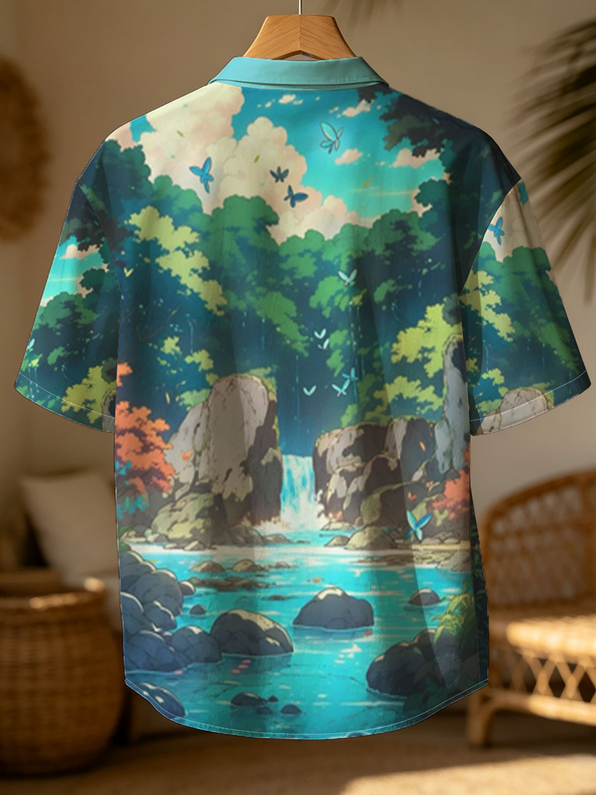 Serene Forest Stream with Waterfall and Butterflies -  Shirt