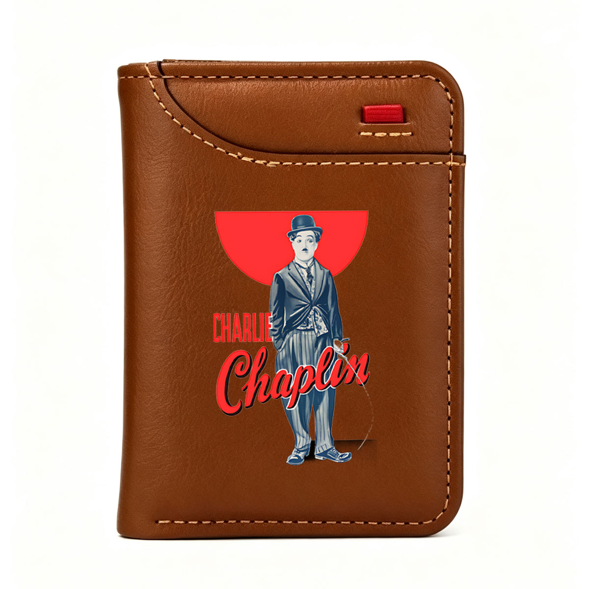 Charlie Chaplin in Classic Tramp Costume with Red Sun Background - Vertical Style Wallet