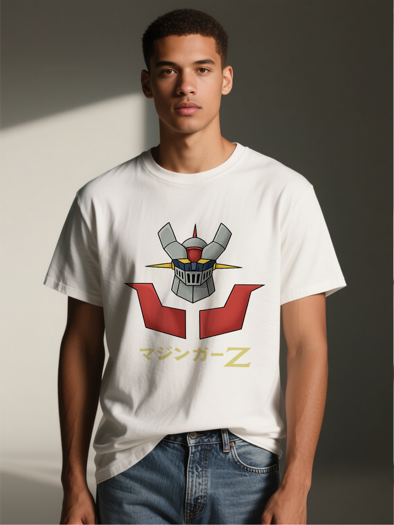 Men's Printed T-Shirt with Mazinger Z Robot Head Design and Japanese Text - Casual Round Neck Summer Lightweight Breathable Short Sleeve Tee for Anime Fans, Sci-Fi Enthusiasts, and Pop Culture Lovers