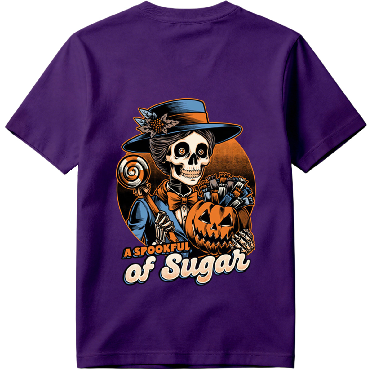 A Spookful of Sugar: Skeleton Lady with Pumpkin and Candy - Tee