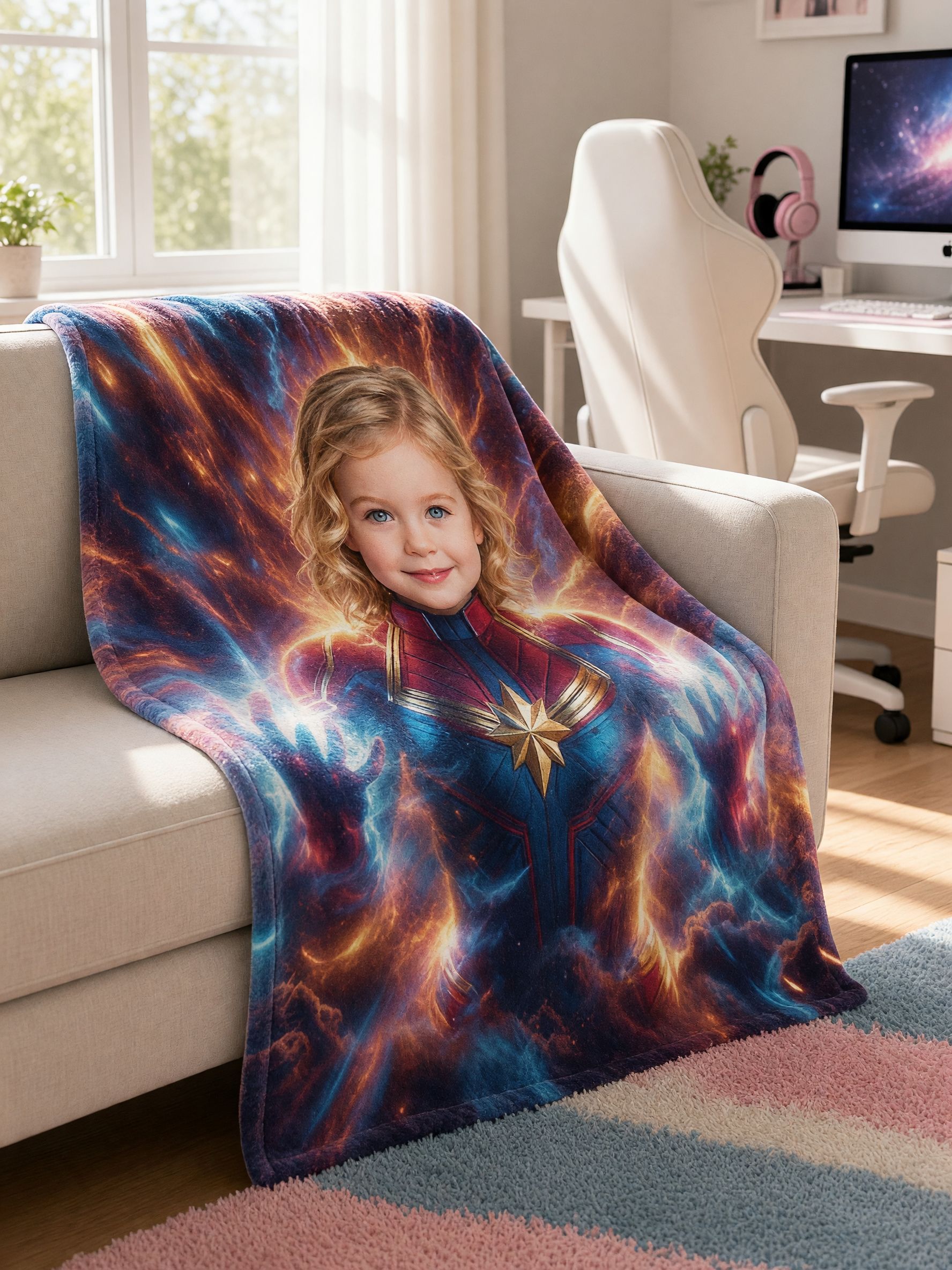 Custom Face Superhero Flannel Blanket, Personalized Photo Cosmic Hero Soft Plush Throw Blanket for Kids and Family Gift