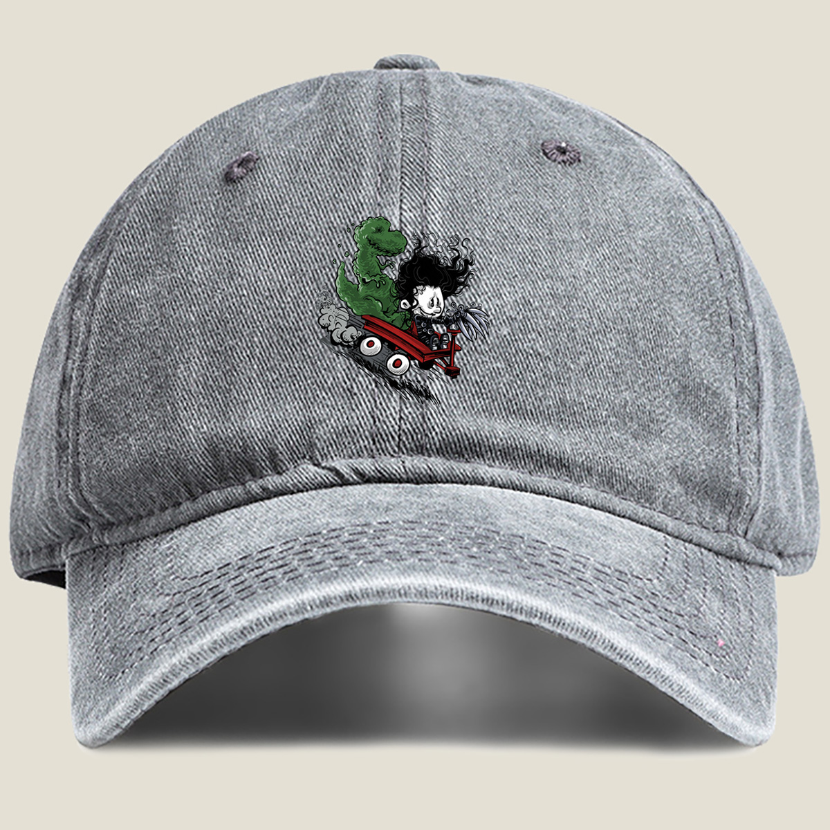 Coraline and the Green Monster in a Red Cart - Washed Denim - Baseball Cap