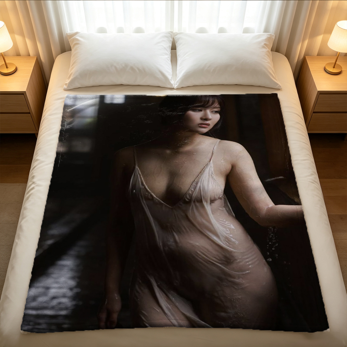 Three Beauties in Lingerie on Couch - Blanket