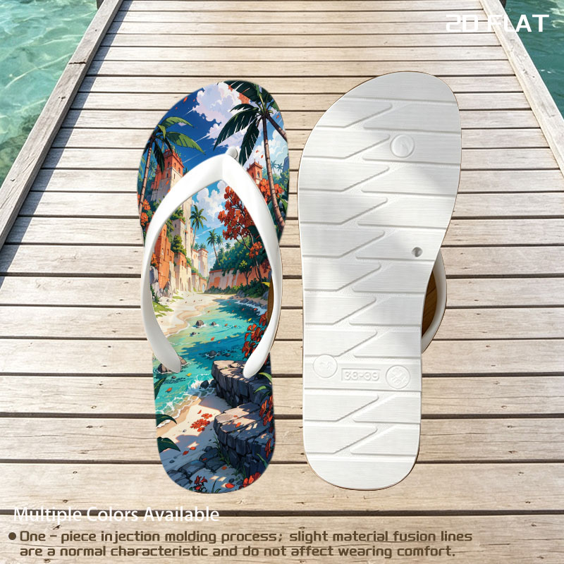 Tropical Beach with Ancient Ruins and Lush Vegetation -  flip-flops
