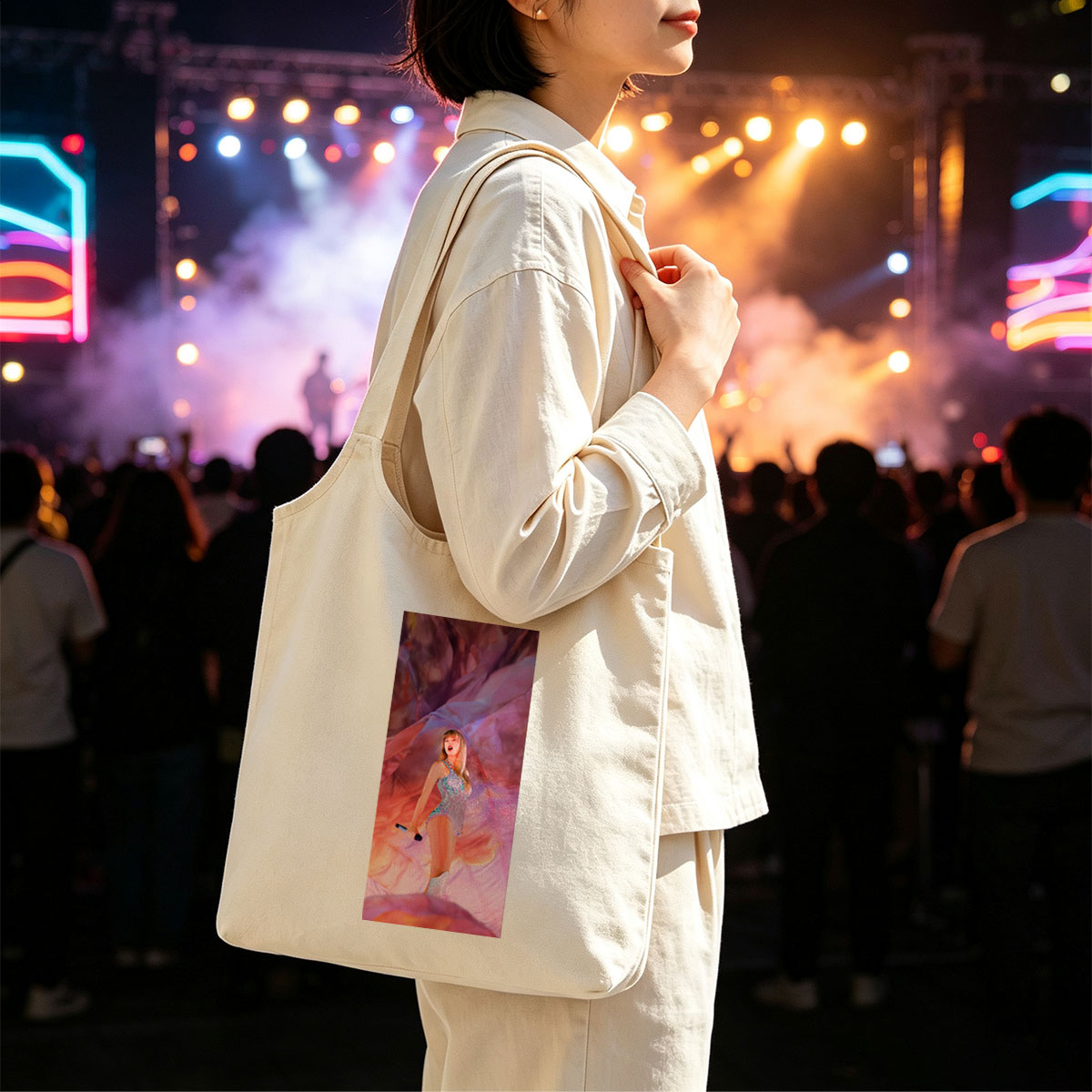 Taylor Swift Performance in a Sparkling Bodysuit on a Vibrant, Dreamlike Stage - Canvas shoulder bags/