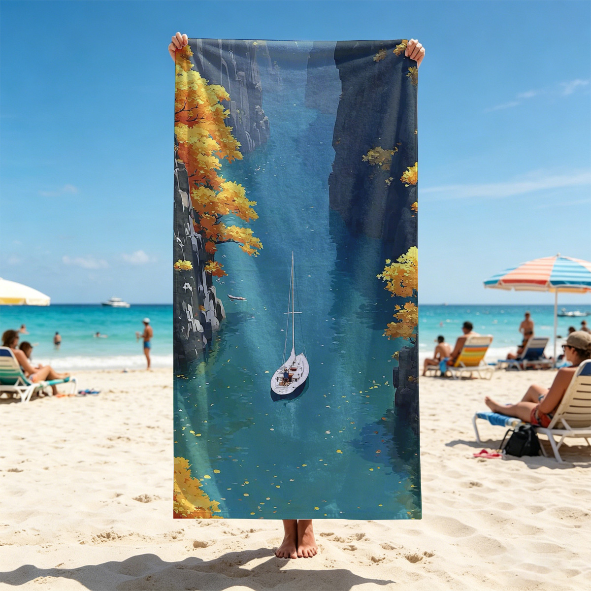 Sailboat Gliding Through Autumn Canyon - Beach towels