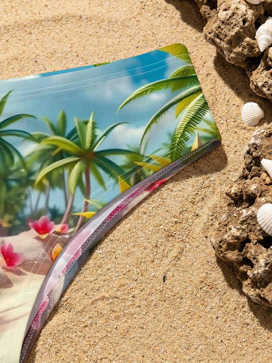 Tropical Beach with Palm Trees and Pink Flowers -  Men's swim trunks