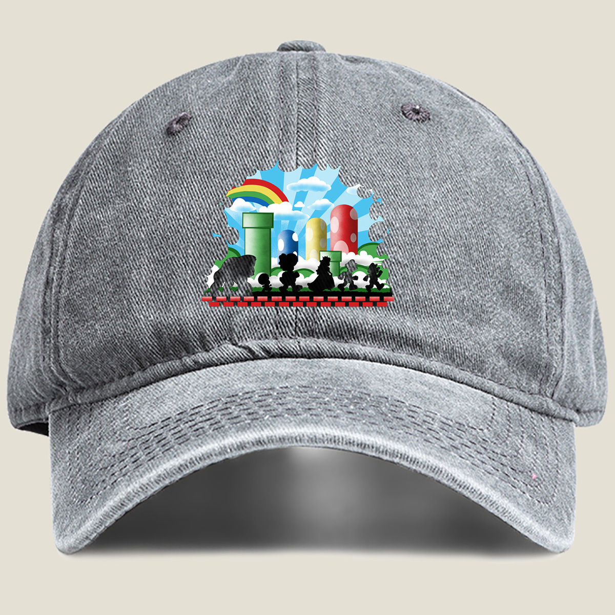 Super Mario Silhouettes: Koopa, Toad, Princess, Mario, and Luigi - Washed Denim - Baseball Cap