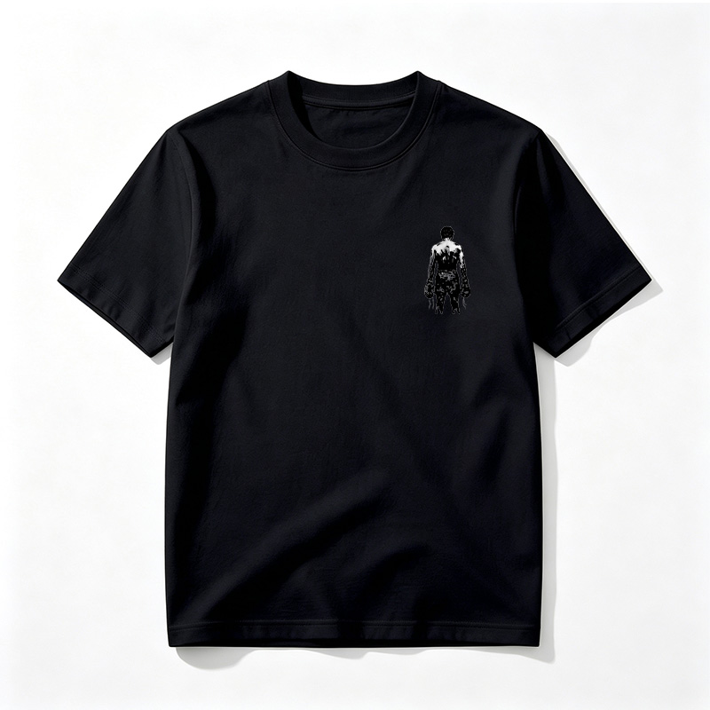 Silhouette of a muscular figure with abstract white patterns on the back, wearing gloves and pants, set against a black background. - Tee