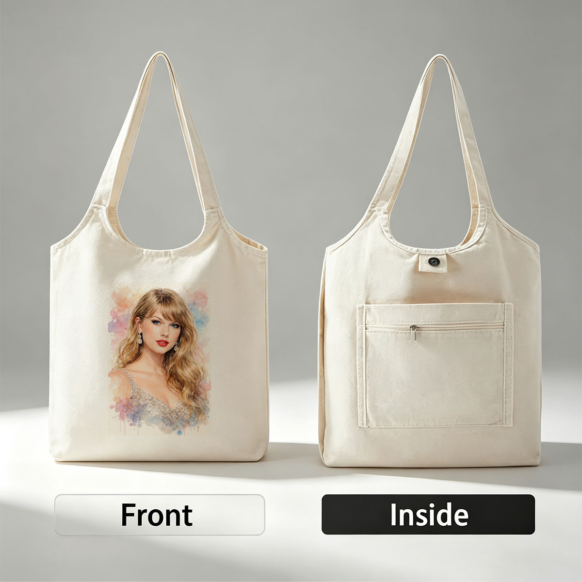 Taylor Swift Portrait in Sparkling Gown with Watercolor Background - Canvas shoulder bags/