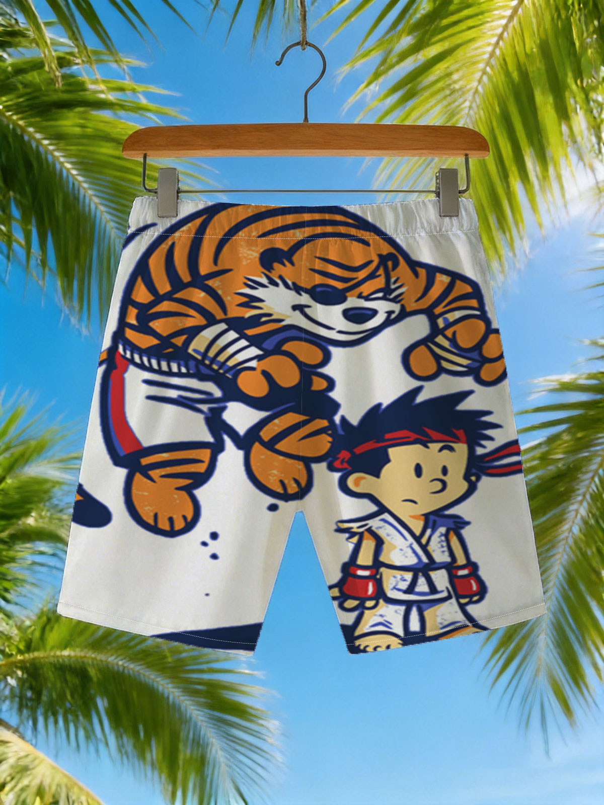 Tiger and Martial Artist Boy in Action Pose -  Beach shorts