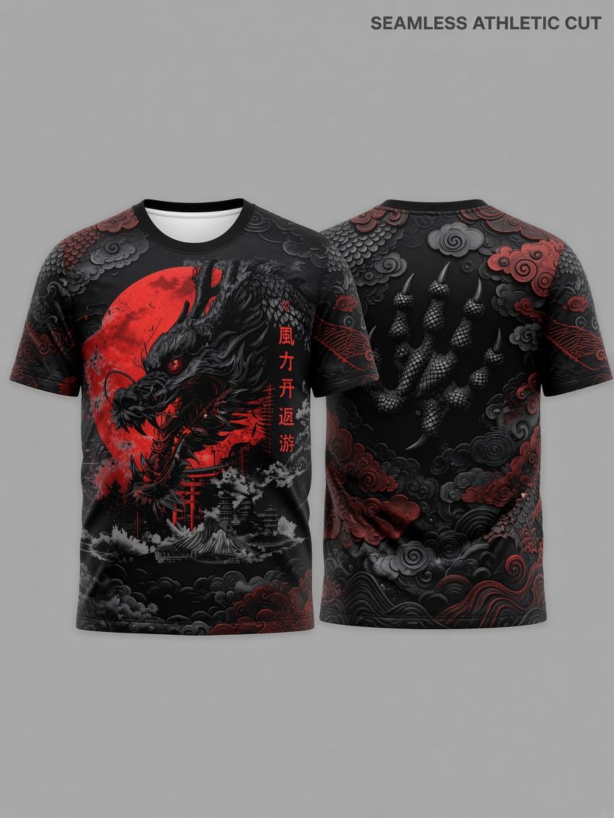 Japanese Dragon 3D Optical Illusion Graphic Tee Breathable Athletic Mesh T-Shirt for Casual and Sports Wear